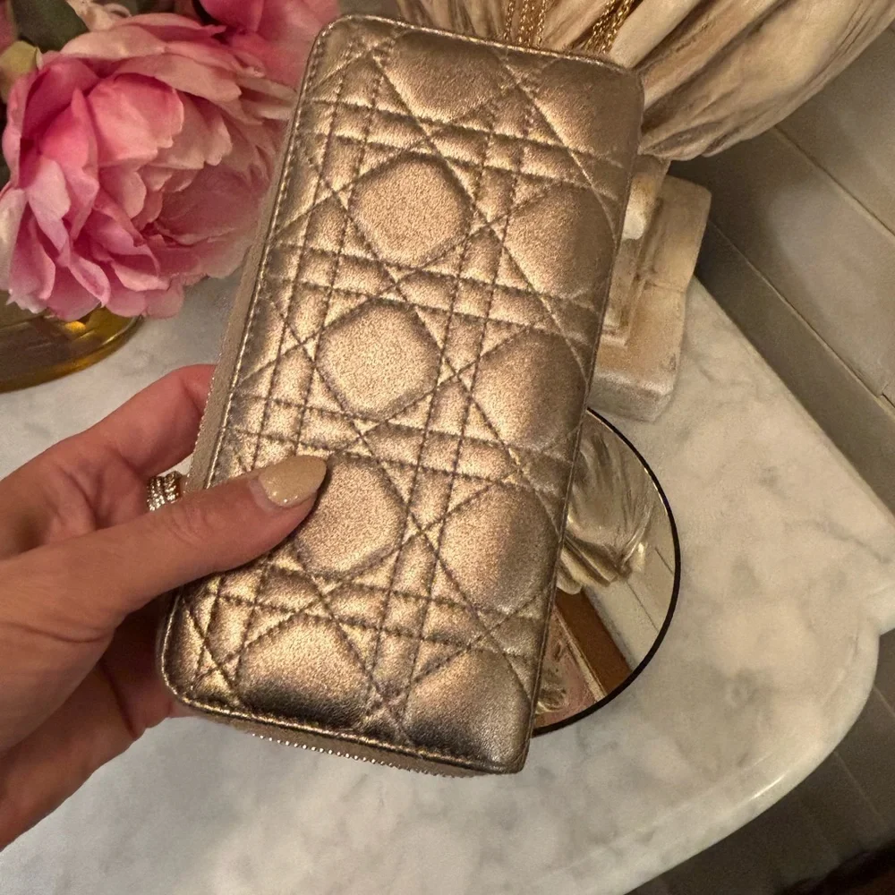 Gorgeous EUC Christian Dior Gold Quilted Cannage Long Wallet w Sig Charm Pull